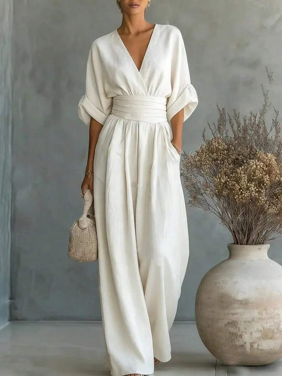 2026 Spring/Summer New Elegant V-Neck Jumpsuit For Women, Featuring A Cinched Waist Design And A Variety Of Colors To Choose From - 白色 - 查看 1