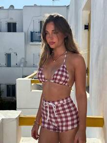 Bộ bikini nữ mùa xuân/hè mới họa tiết kẻ caro buộc cổ, kiểu dáng gợi cảm, thích hợp cho đi biển, hẹn hò, dự tiệc. - Nhiều màu - Xem 1