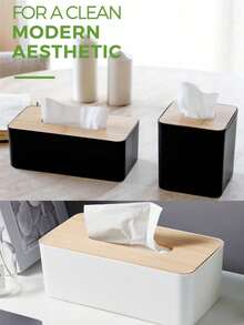 Caja de pañuelos con tapa de madera, caja de pañuelos de gran capacidad, elegante caja de pañuelos de plástico blanco moderno con tapa abierta y esquinas redondeadas, caja de pañuelos con base de resorte, adecuada para dormitorio, baño, oficina, comedor, sala de estar, Día Nacional, Día de San Valentín. - Blanco y Negro - Ver 7