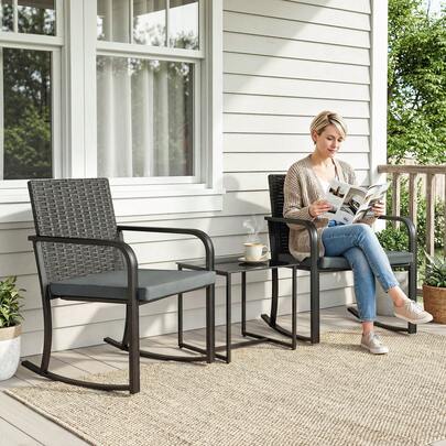 Outsunny 3 Pieces Patio Furniture Rocking Bistro Set Outdoor Wicker Rocking Chairs With Cushions, Glass Coffee Table, Outdoor Furniture Conversation Set For Balcony, Porch, Grey