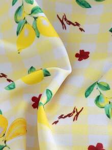 女士格子碎花挂脖比基尼套装，柠檬格子印花露背泳衣，饰有蝴蝶结，透气高弹面料，休闲沙滩泳装，适合海滩、音乐节、情人节、夏季假期等场合。 - 彩色 - 查看 8