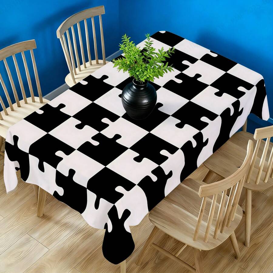 1 Pc Modern Black And White Puzzle-Grid Tablecloth, Easy-To-Clean Machine Washable Table Cloth, Multi-Size Square Tablecloths, Perfect For Kitchen And Restaurant Table Decorations, Holiday Dinners, Parties, Indoor And Outdoor Banquet Decorations. - Black and White - View 1