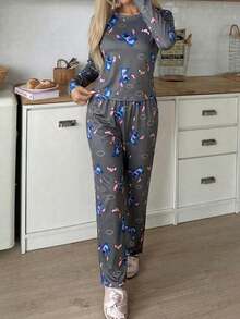 Disney 两件套印花弹力柔软休闲家居服套装，长款T恤和长裤，适合春秋假期穿着 - 深灰色 - 查看 2