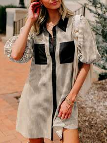 女士休闲V领短袖纽扣条纹连衣裙，带口袋，夏季 - 黃色 - 查看 5