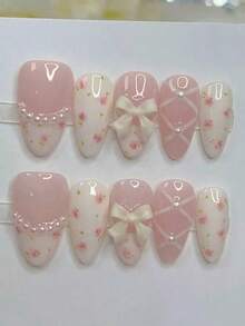 Floral Pearl French Almond Short Press On Nails - Girly Cute Bowknot Ballet Style, Simple Versatile Handmade Women, Reusable Daily Wear & Party, Nail Art Supplies - M - 查看 4