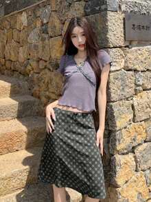 Falda de malla a cuadros de estilo retro francés, casual para mujer en primavera - Gris - Ver 5
