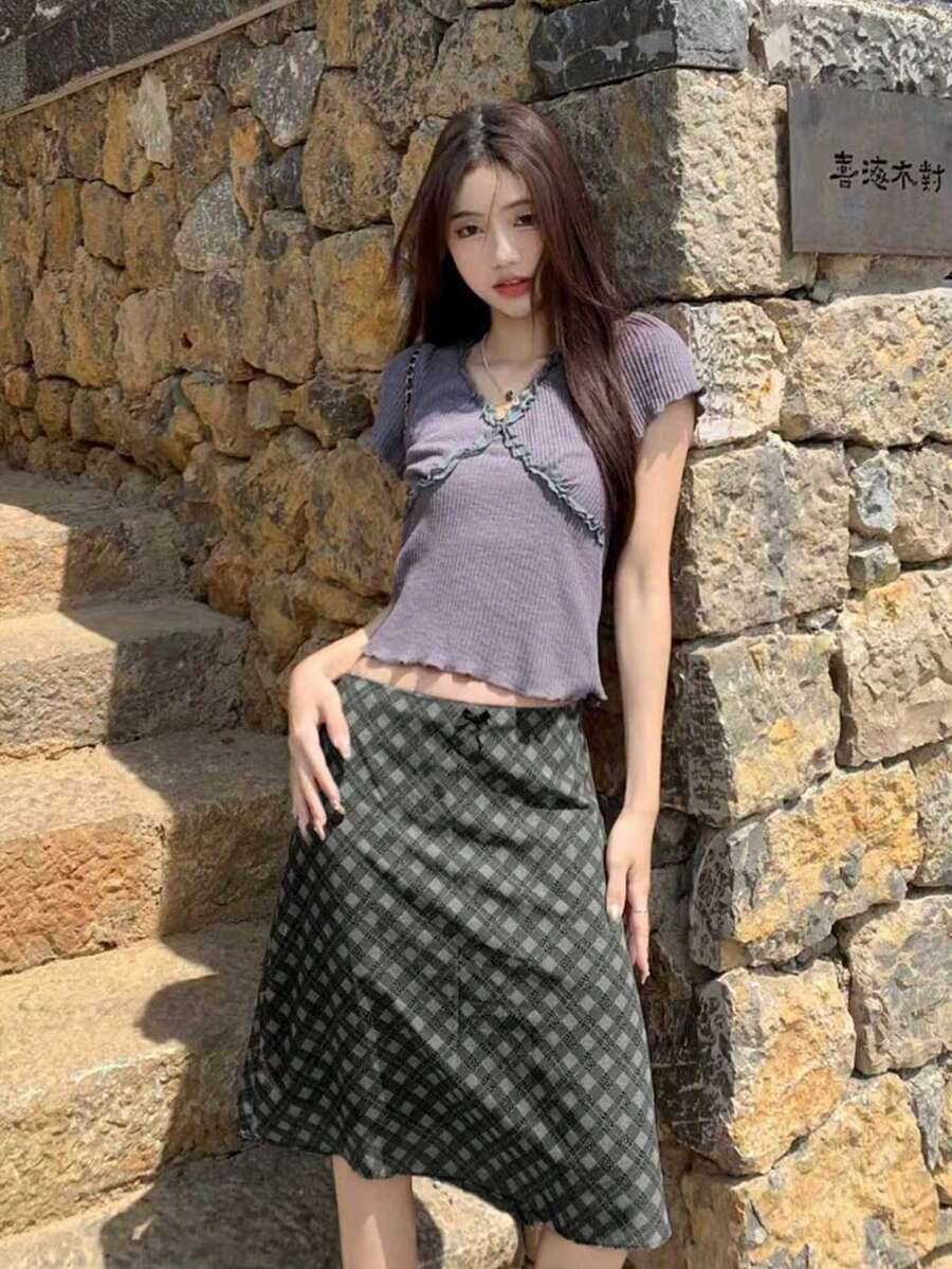 法式复古百搭格纹网纱半身裙，休闲女装春季款 - 灰色 - 查看 1