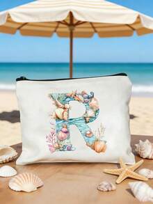 Bolsa de maquillaje impresa con diseño de estrella de mar, concha y elementos oceánicos, con letras del alfabeto A-Z. Bolsa de almacenamiento con estampado de letras de moda, bolsa de cosméticos para almacenamiento de artículos pequeños, bolsa de almacenamiento, bolsa de maquillaje, bolsa de aseo, bolsa de almacenamiento plegable ligera, bolsa de embrague como regalo para maestros, almacenamiento para enfermeras, médicos, maestros, adecuada para el almacenamiento de cosméticos de viaje personal, esencial para vacaciones en la playa, campamento, vacaciones, regalo del Día de la Madre - Multicolor - Ver 3