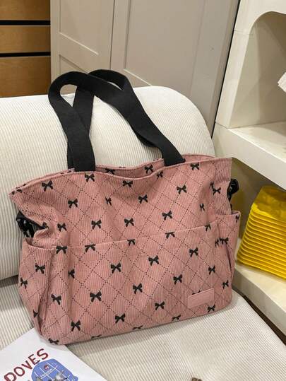 Cute Bow Embroidered Corduroy Large Capacity Pink Women Shoulder Bag