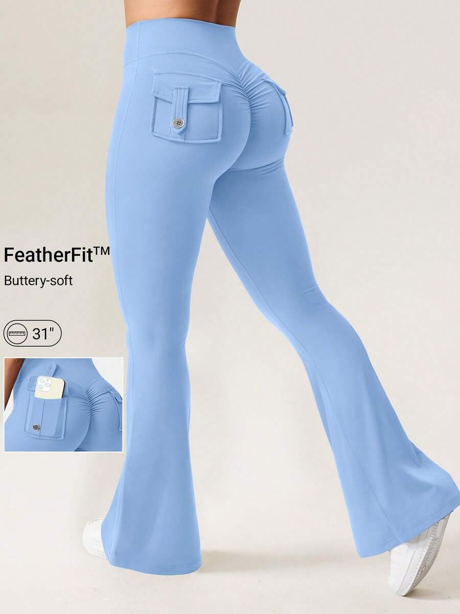 YEOREO Flare Leggings With Pockets For Women Butt Lifting Gym Yoga Leggings Flare Leggings Joggers For Women Summer Clothes For Women - 淺藍 - 查看 1