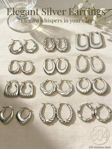 12对银色304不锈钢耳环，优雅女士耳环 - 简约韩式风格，不对称设计，适合日常佩戴和派对场合，理想的生日礼物，优雅耳环，不锈钢饰品，母亲节礼物 - 銀色 - 查看 1
