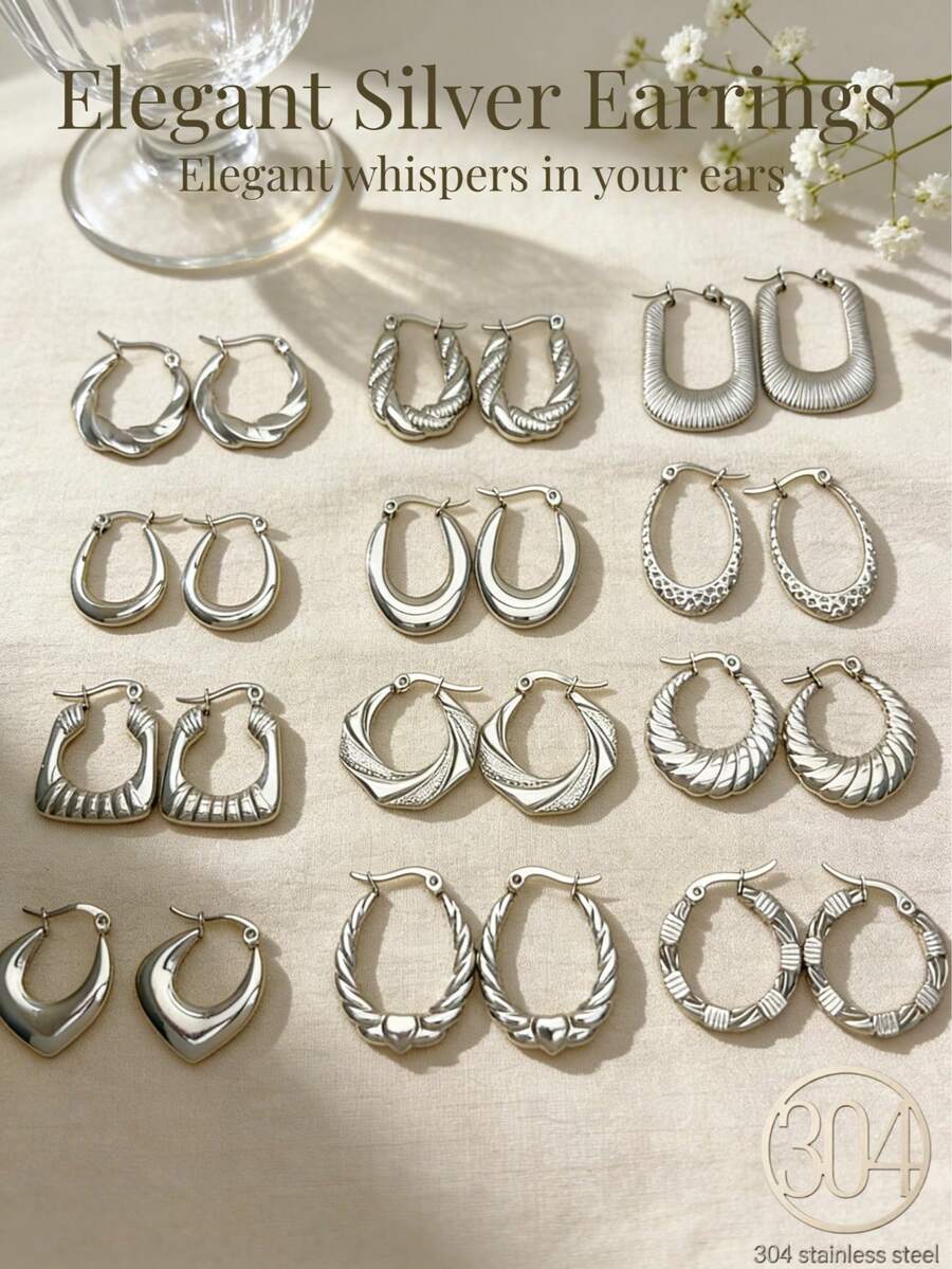 12对银色304不锈钢耳环，优雅女士耳环 - 简约韩式风格，不对称设计，适合日常佩戴和派对场合，理想的生日礼物，优雅耳环，不锈钢饰品，母亲节礼物 - 銀色 - 查看 1