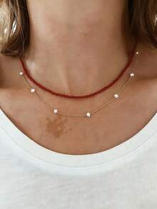 Collar de cuentas de ágata roja y piedras preciosas | Hecho a mano | Joyería única | Apilable | Un regalo para ella - Rojo - Ver 2