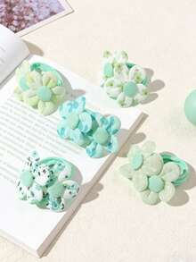 5pcs Cute Floral Hair Scrunchies, Daily Hair Accessories For Girls, Spring - Green - View 5