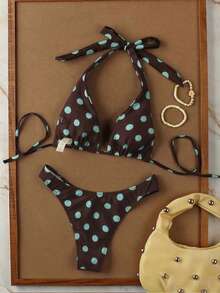 Bộ bikini nữ mới, họa tiết chấm bi, kiểu dáng buộc dây cổ, gợi cảm, thanh lịch, thích hợp cho đi biển, nghỉ dưỡng, hẹn hò, mùa xuân/hè. - Màu xanh lam - Xem 4