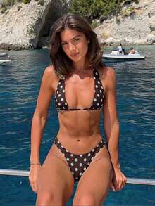 Bộ bikini nữ mới, họa tiết chấm bi, kiểu dáng buộc dây cổ, gợi cảm, thanh lịch, thích hợp cho đi biển, nghỉ dưỡng, hẹn hò, mùa xuân/hè. - Màu xanh lam - Xem 1