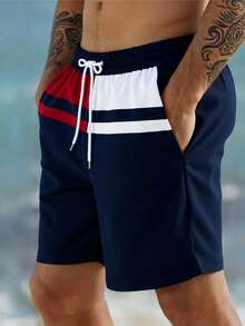 男士夏季印花图案抽绳腰斜插口袋夏威夷风速干双层网眼内衬短裤，撞色3D艺术印花，时尚休闲沙滩泳裤 - 彩色 - 查看 5