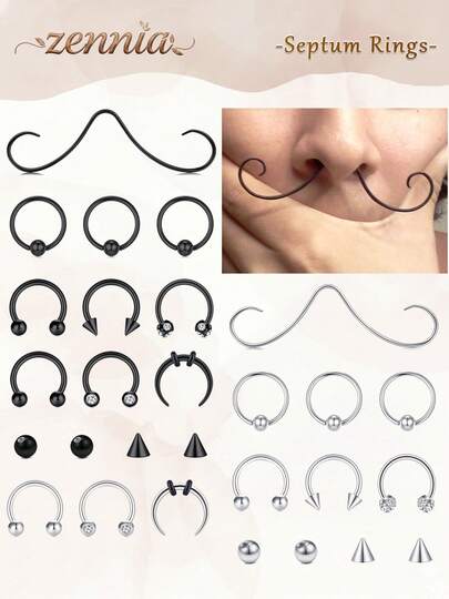Anillos de septum en forma de bigote de 16G de acero inoxidable para piercing de nariz, cartílago, daith, hélix, trago, ceja y labio, de 10mm, para mujeres y hombres