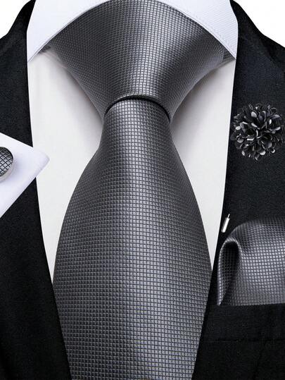 男士灰色素色领带套装，含口袋巾、袖扣和胸花，优雅正装领带，适合正式场合。