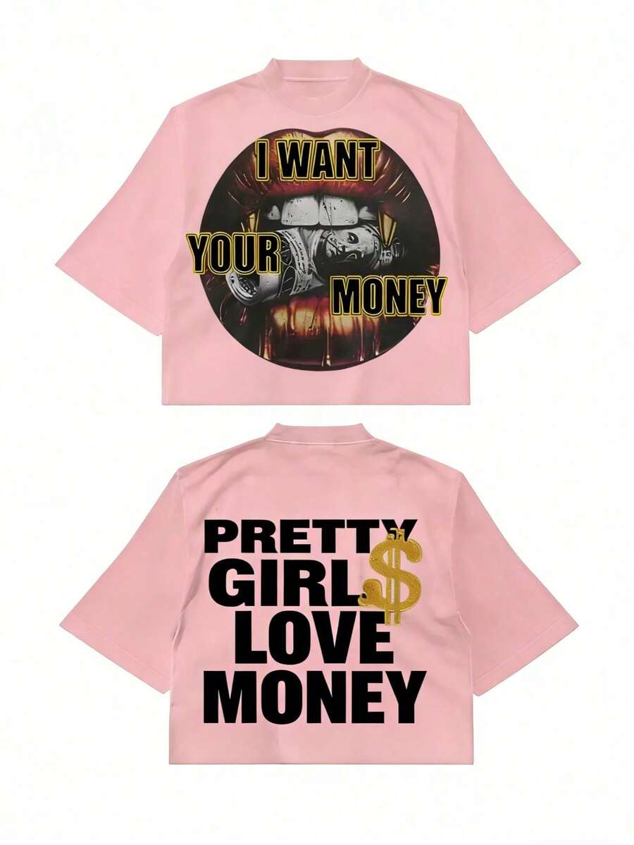 Fly "I Want Your Money" Hip-Hop Flow T-Shirt Pure Cotton Double-Sided Printed T-Shirt, Suitable For Men And Women,Top Pick Gift For Summer Casual Tees - 粉色 - 查看 1