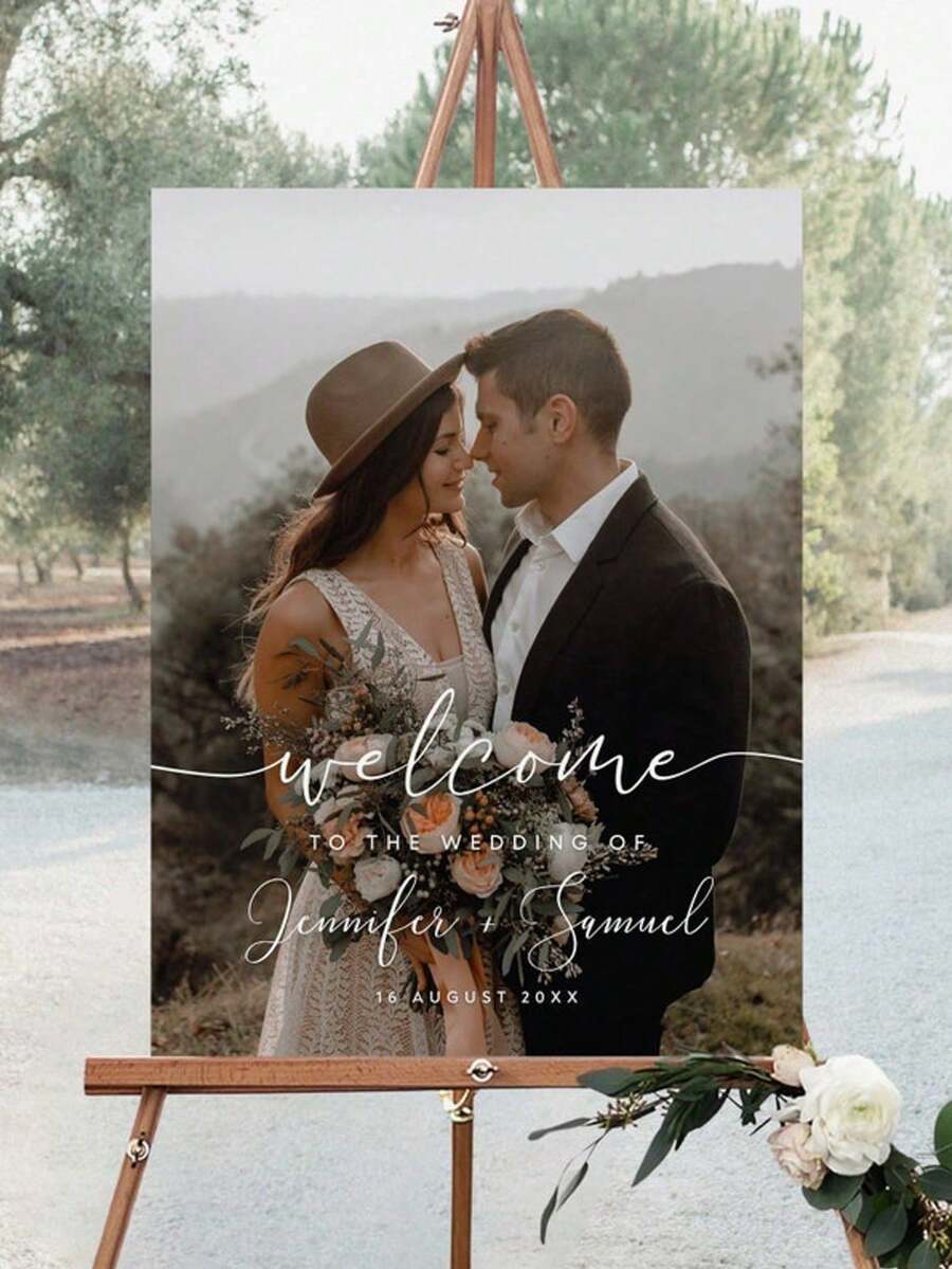 精美婚礼照片欢迎牌模板、欢迎牌、婚礼照片拼贴画、现代欢迎牌、可打印婚礼招待会海报 - 彩色 - 查看 1