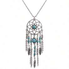 European And American Dream Catcher Necklace  Feathers Turquoise Metal Leaves Fringed Long Bohemian Item Jewelry - Turquoise Necklace - View 7