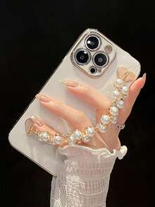 Vòng tay điện thoại sang trọng không cần khoan, đính ngọc trai giả và đá rhinestone, mặt dây chuyền hình trái tim dễ thương, phụ kiện ốp lưng điện thoại dạng chuỗi hạt. - Nhiều màu - Xem 2