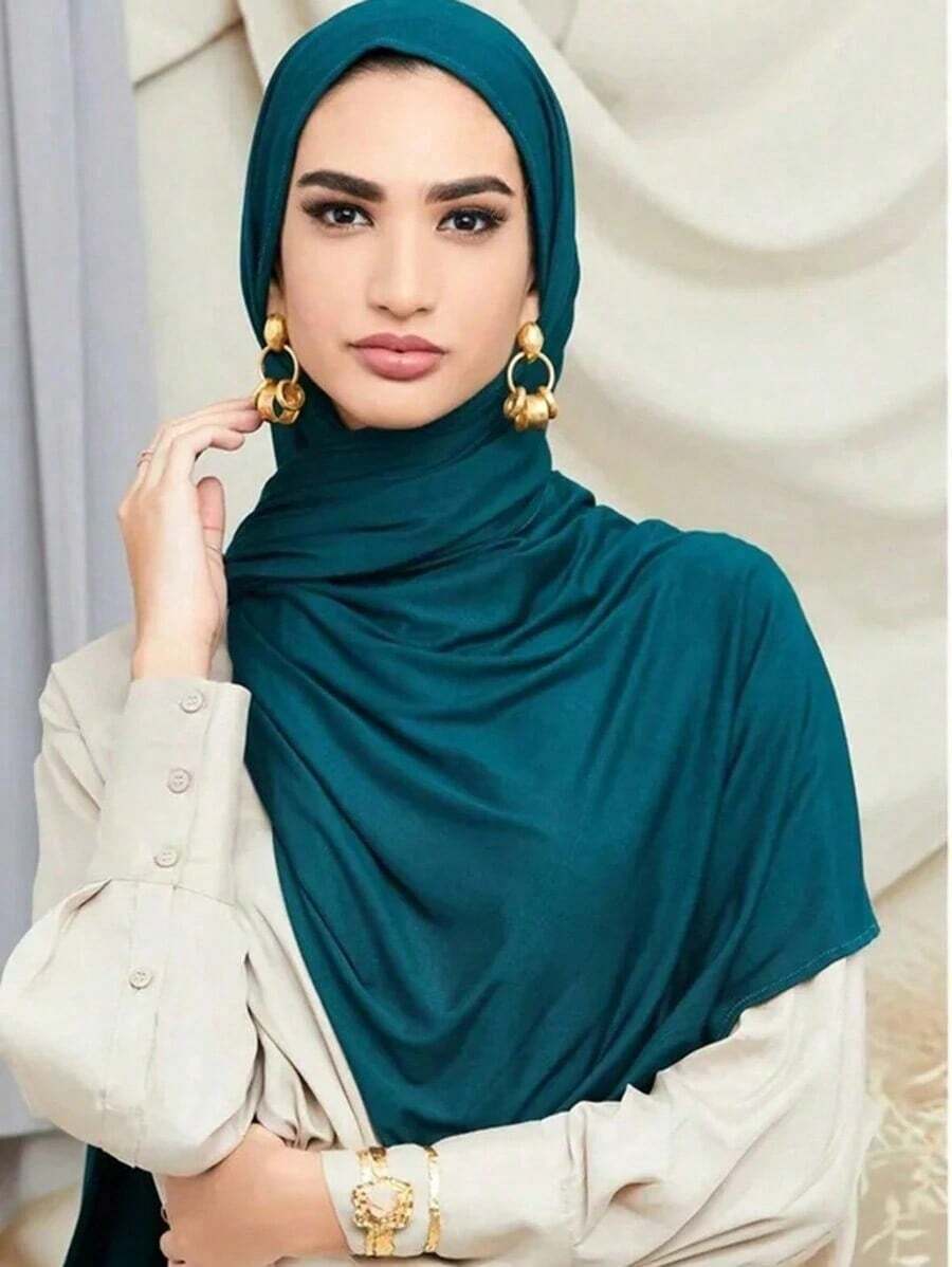 1pc Ladies" New Large Size Hijab Headscarf Solid Color Soft Casual Long Scarf Headband For Abaya Accessories Women Veil - Màu xanh bụi bặm - Xem 1