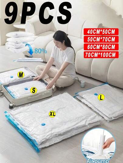1个/9个透明真空收纳袋带泵，防水PVC压缩袋，适用于衣物、床上用品、鞋子、旅行配件，节省空间的家居收纳袋