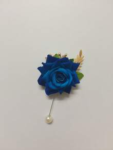 1枚胸花 + 1枚腕花，海军蓝玫瑰配叶子和珠饰，新郎新娘伴娘婚礼派对舞会日常花卉手链浪漫配饰，夏季，海滩 - 745-寶藍色 - 查看 9