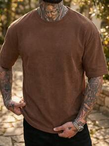 Men's Casual Loose Fit Round Neck Short Sleeve T-Shirt, Coffee Color - Coffee Brown - View 1