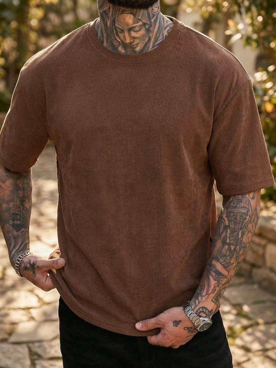 Men's Casual Loose Fit Round Neck Short Sleeve T-Shirt, Coffee Color - Coffee Brown - View 1