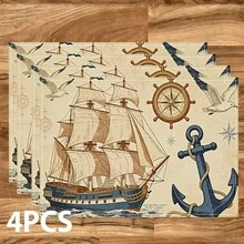 4/6/8 Pcs Set, Nautical Map Placemats, Boat Pattern Party Decor, Linen Dining Table Mats, Washable Printed Coasters, Surface Protection Pads, Ideal Decoration For Holiday Kitchen And Home Gatherings - Multicolor - View 11