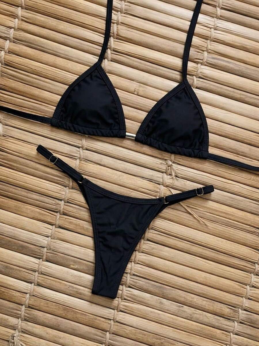 Triangle Bikini With Ribbon And Lined Padded G-String Adjustment - Black - View 1