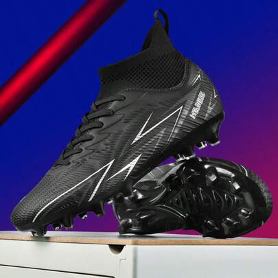 Professional Outdoor Soccer Shoes, Black Soft Sports Shoes, Breathable Comfortable Plus Size Soccer Cleats