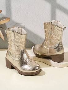 NILOSH 1 Pair Children's Embroidered PU Leather TPR Sole Mid-Calf Boots, Fashionable Spring/Autumn Style - Gold - View 2