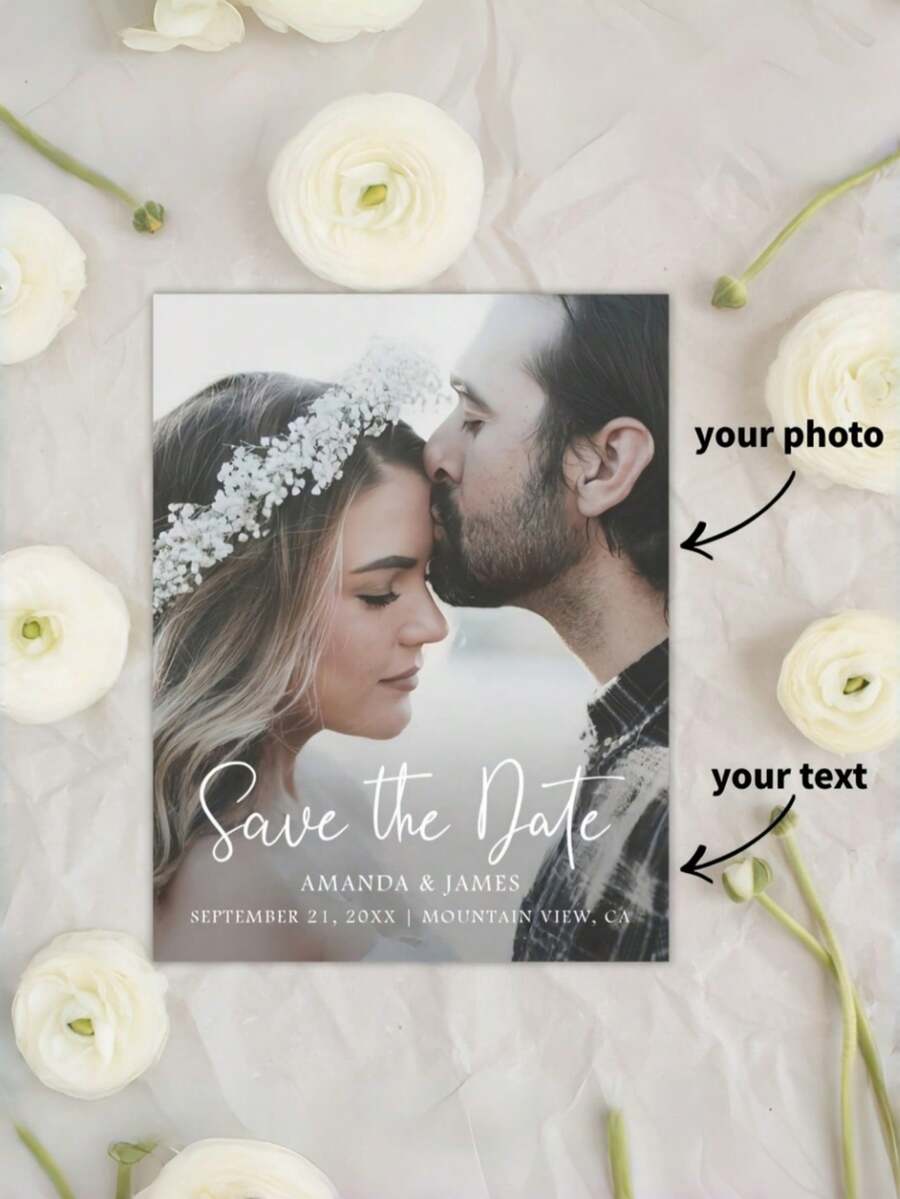 Custom Save The Date With Photo/Personalized Wedding Announcement Cards/Save Our Date Postcards For Wedding/Modern Wedding Invitations/Custom Engagement Party Invitations/Photo Cards, 1pc - Multicolor - View 1
