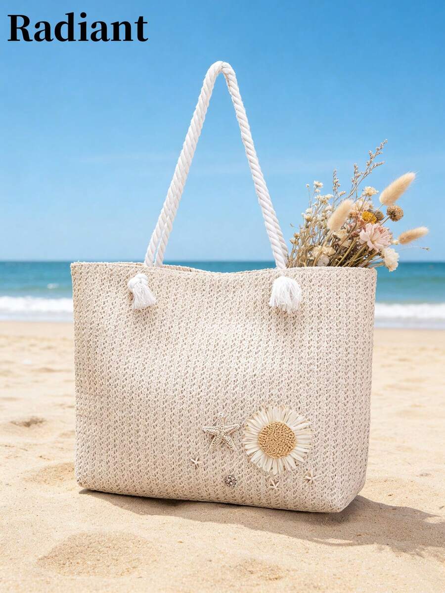 夏季海灘包，大容量草編女士手提包，裝飾向日葵與海星，適合海灘度假、購物與約會
