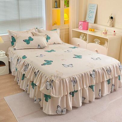 3pcs Minimalist Modern Floral Pattern Double Ruffle Bed Skirt Set, Bedroom Bedding (1 Bed Skirt, 2 Pillowcases, No Inner Core)