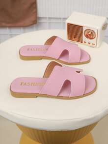 Kids' Fashionable Outdoor Slippers, Summer Square Toe Flat Sandals, New Square Toe Beach Shoes, Beloved By Girls - Pink - View 5