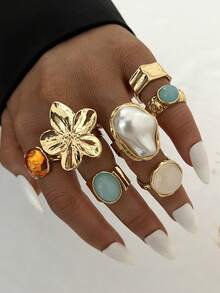7pcs Vintage Elegant Bohemian Casual Women's Baroque Irregular Pearl Colorful Gemstone Flower Line Water Drop Heart Open Ring Set, Suitable For Women's Daily, Party, Beach, Date And Other Occasions, Perfect Gift Choice For Holidays - Gold - View 5