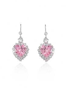 2pcs/Set Gentle & Cute Zirconia Pink Heart-Shaped Necklace & Earrings Set For Women, Suitable For Party Wear - Multicolor - View 8