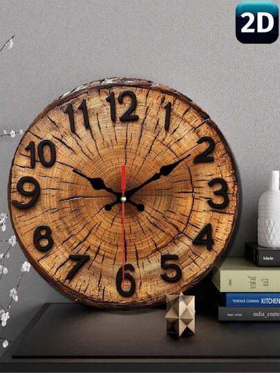 1 pièce Horloge murale ronde en bois de 10"/12" avec grain de bois visible et design annulaire, chiffres et aiguilles noirs classiques, convient pour la décoration de la maison, du bureau, du café, du salon, design plat 2D