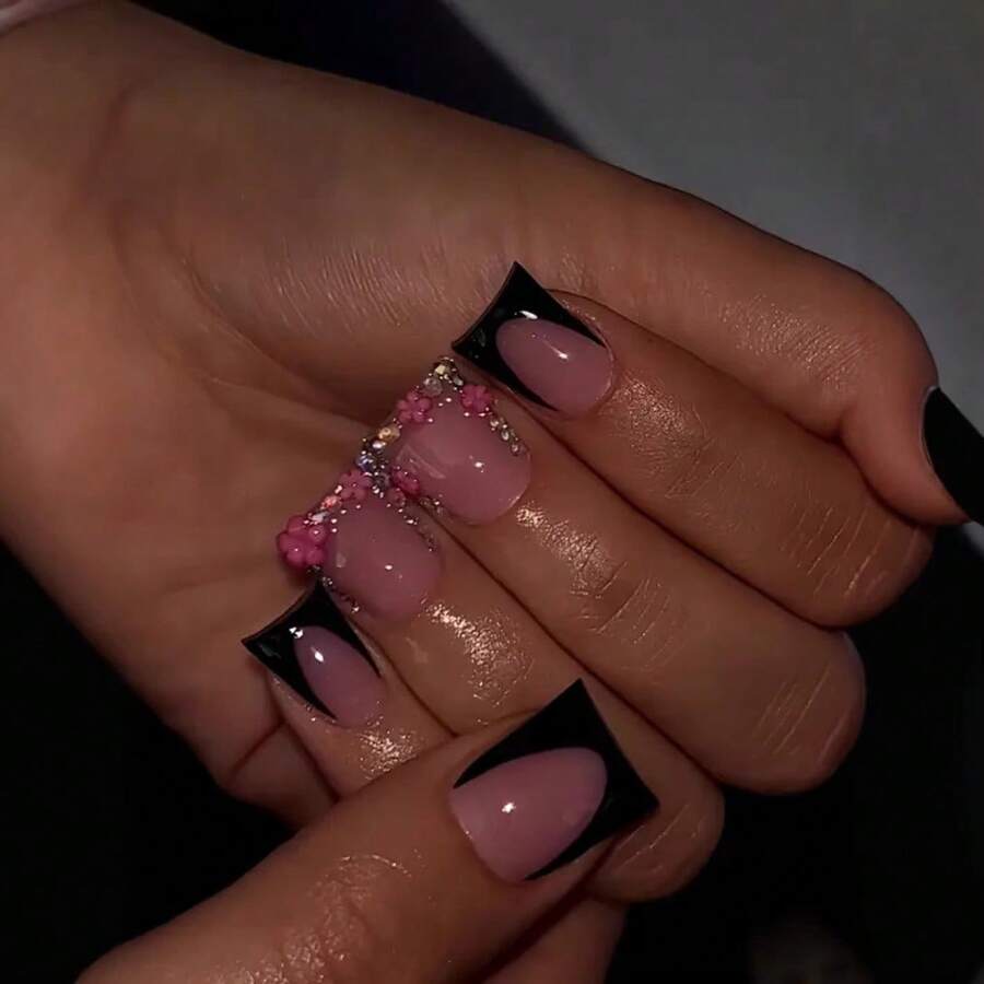 Duck Shape Fake Nails Black French Design With Shiny Rhinestones Reusable False Nails For Women Party Daily Wear - C145 - Xem 1