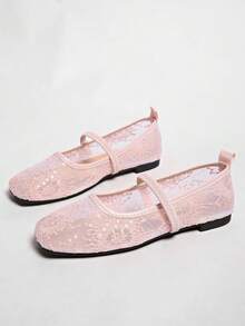 Women's Round Toe Mesh One-Strap Buckle Flat Ballet Shoes, New Casual Versatile Design - Pink - View 1