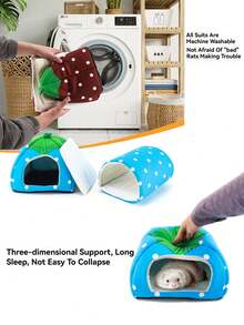 2 piezas Cama de hámster con patrón de fresa, escondite de conejo, nido cálido lavable para mascotas pequeñas con túnel para cobayas, set de accesorios de jaula de escondite para conejos, adecuado para hámsteres, hurones, conejos - Rojo - Ver 10