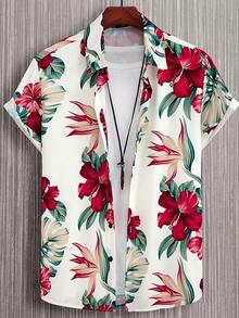 Vibrant Red Tropical Hibiscus And  Green Leaf Pattern Symbolizes Vitality Freedom And The Beauty Of Summer On Ocean Breeze 3D Printed Men's Short Sleeve Casual Beach Shirt - 白色 - 查看 4