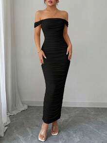PRETTYGARDEN Women's Summer Dresses Off The Shoulder Dress Ruched Bodycon Sleeveless  Evening Elegant Dresses Wedding Guest Graduation  Cocktail Club Party Black Maxi Dresses - 黑色 - 查看 5