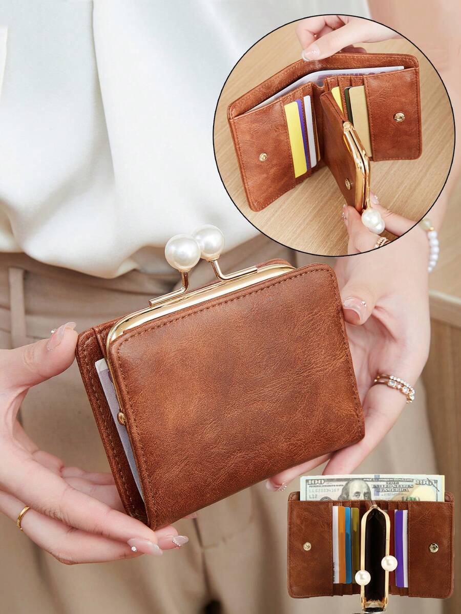 MIYIN Women's Cute Faux Pearl Kisslock PU Trifold Wallet With Credit Card Slots And ID Window, Holds Credit Cards/ID/Cash/Coins, Lightweight And Portable, Suitable For Women, Girls, Teens, Students, Great Gift For Her, Wallet, Clutch, Small Purse