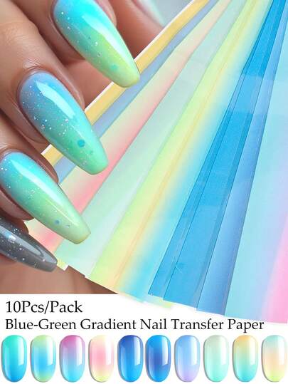 10pcs/Set Blue-Green Gradient Nail Art Transfer Paper, Fresh Macaron Color Gradient Nail Art Decorations, Y2K Dreamy Nail Art Decorations, Soft Gradient Rainbow Nail Art Transfer Paper, Spring/Summer Nail Art | Everyday Nail Art | Date Nail Art, DIY Nail Salon Accessories (Non-Adhesive)